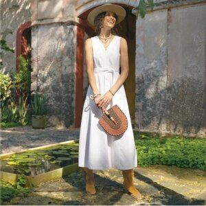 SUNDANCE Poppy Denim Midi Dress Womens Sz 14 Belted A-Line Pockets Boho